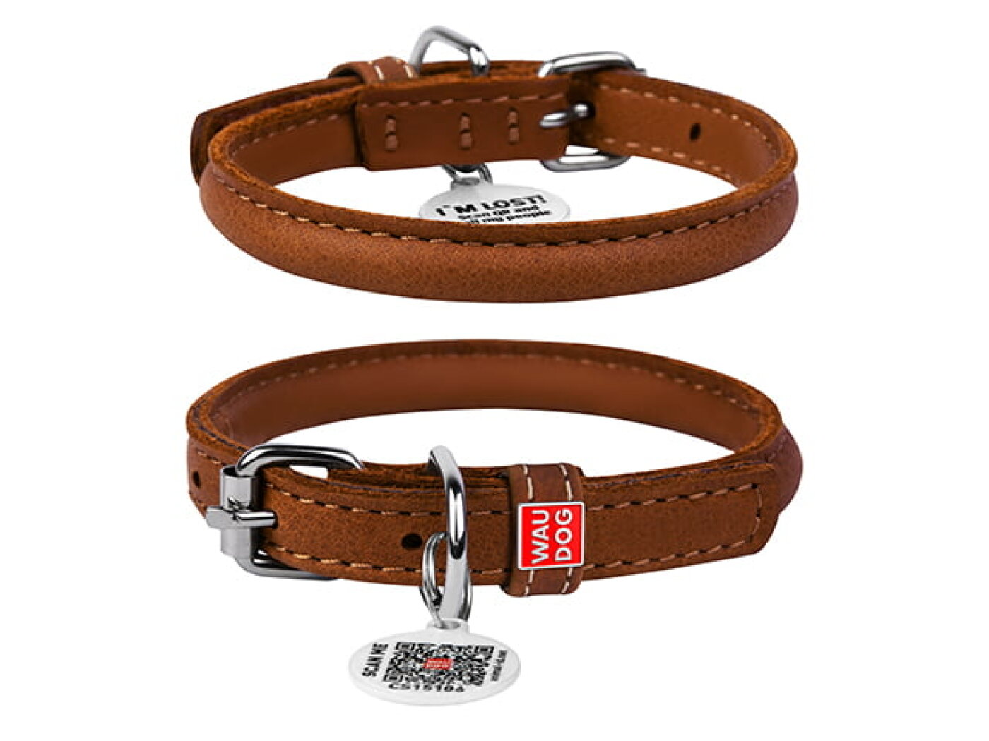 Q-Pet - Waudog Soft Rundsyet Læder Halsbånd Brun 